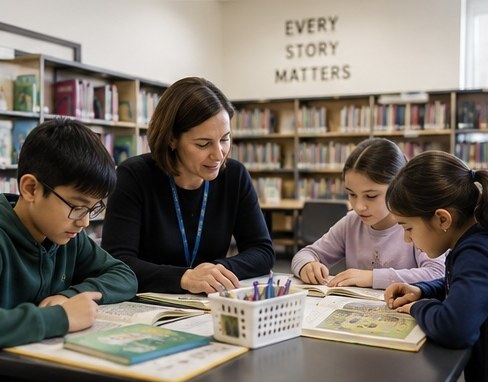 Tutor working with a small group of students