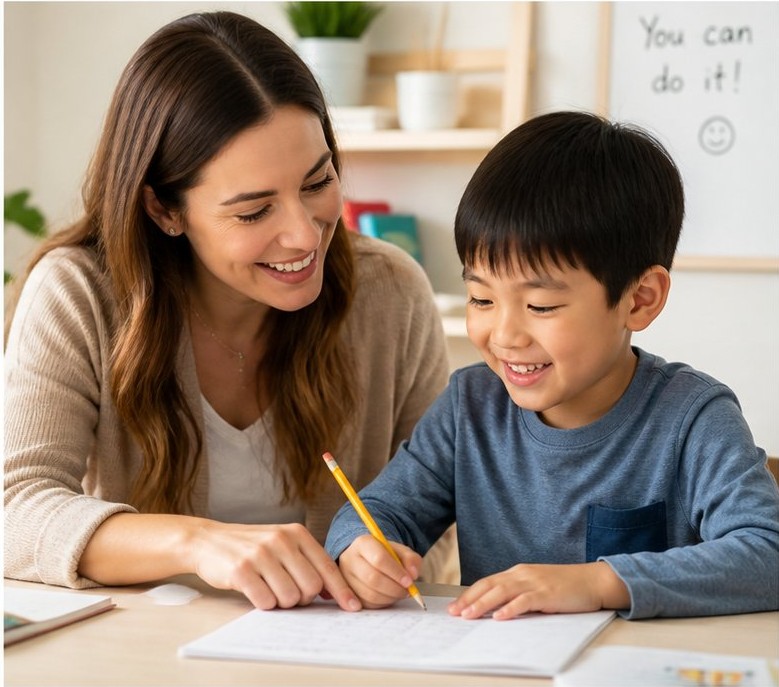 Tutor and student working together with encouragement